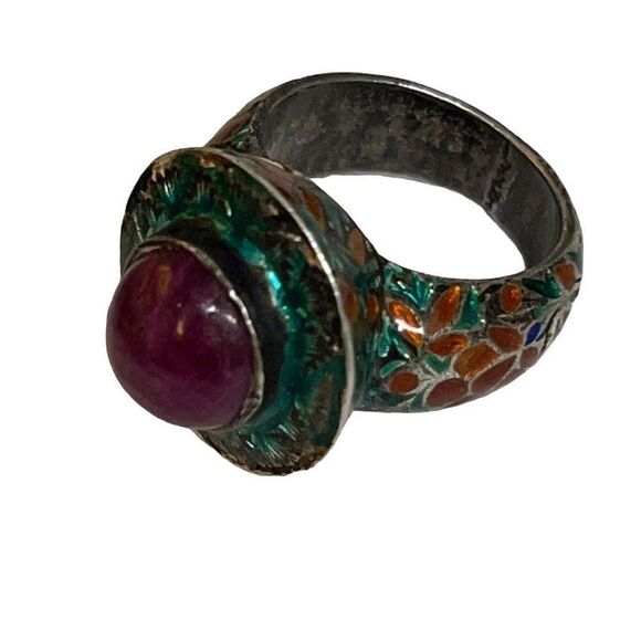 Antique Large Cabochon Ruby & Gripoix Glass Floral Band Goddess Statement Ring - Picture 2 of 16